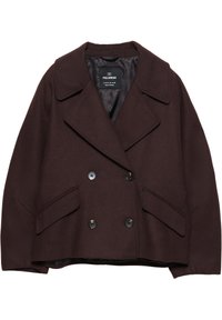 Ruskea villasekoitteinen kaksirivinen takki, jossa on suuret kaulukset, kaksi etutaskua ja mustat napit. Sisältää sileän sisävuoren.