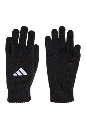 Czarne, dziergane rękawice z prążkowanymi mankietami, na jednej z nich znajduje się białe logo adidas z trzema paskami na grzbiecie ręki skierowanym do góry.