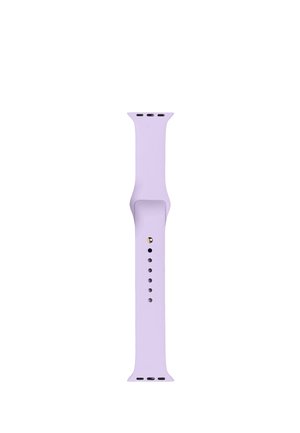 Hellviolettes Silikonarmband für Smartwatch mit verstellbaren Löchern und Metallstiftverschluss, flach auf weißem Hintergrund gezeigt.
