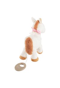 Giocattolo a forma di cavallo di peluche bianco con criniera e coda marroni, che indossa un bandana rosa. Presenta un cordino da tirare e superfici morbide al tatto.