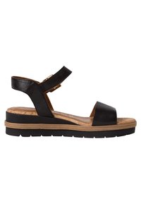 Black leather sandals with two straps, a wide toe band, and a buckled ankle strap. Features a chunky, textured sole with a natural finish.