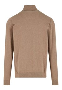 Beige Langarmrollkragenpullover mit geripptem Kragen, Bündchen und Saum, von hinten auf weißem Hintergrund gezeigt.