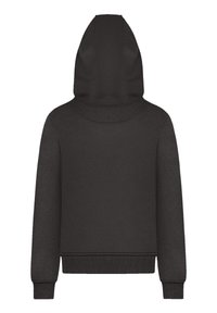 Black hoodie with a large hood, long sleeves, and ribbed cuffs. Smooth texture with a clean back design and no visible logos or patterns.