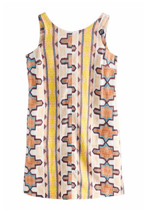 Vestito senza maniche con motivo geometrico in arancione, giallo e blu su uno sfondo chiaro; realizzato in tessuto leggero.
