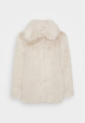 Mākslīgās kažokādas mēteli off-white krāsā ar mīkstu, pūkainu tekstūru un platām apkaklītēm. Iezīmē taisnu siluetu un slēptu priekšējo aizdari.