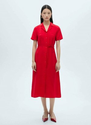 Red, button-down dress with short sleeves, waist tie, and mid-calf length. Made of smooth fabric, featuring a collar and two chest pockets.