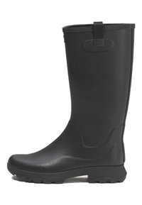 Botte de pluie en caoutchouc noir avec une surface texturée, un bout arrondi et un dessus renforcé. Équipée d'une semelle antidérapante et d'une languette à l'arrière.