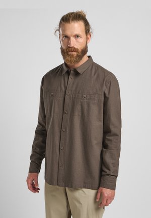 Brown long-sleeve shirt with button front, two chest pockets, and a collared neckline. Fabric has a textured finish, with a relaxed fit.