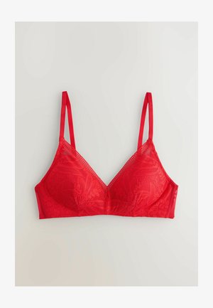 Rote Spitzen-Bralette mit verstellbaren Trägern, dreieckigen Cups und floralem Muster. Verfügt über eine glatte Textur und dekorative Spitzenverzierungen.