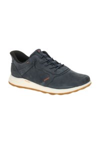 Baskets décontractées bleu marine avec semelle blanche, doublure intérieure noire, fermeture à lacets, et détails de couture orange sur le côté.