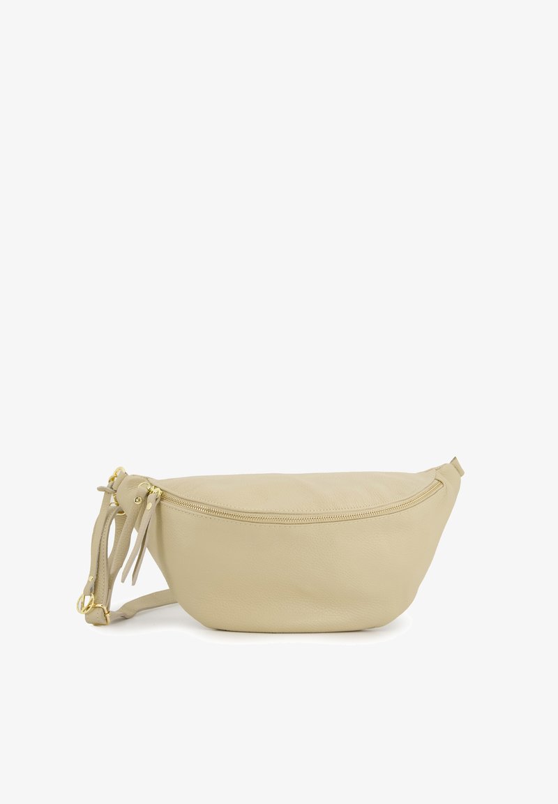 Beige leather fanny pack with a curved design, zipper closure, and gold hardware. Features a thin adjustable strap with accents.