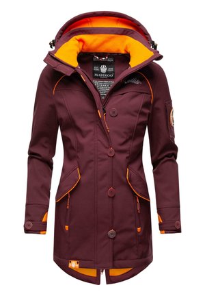 Maroon jacket with an orange fleece lining, featuring a zippered front, two large pockets, and button accents for adjustable fit.