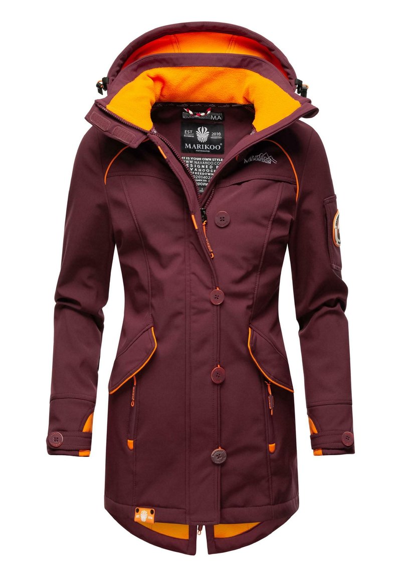 Maroon jacket with an orange fleece lining, featuring a zippered front, two large pockets, and button accents for adjustable fit.