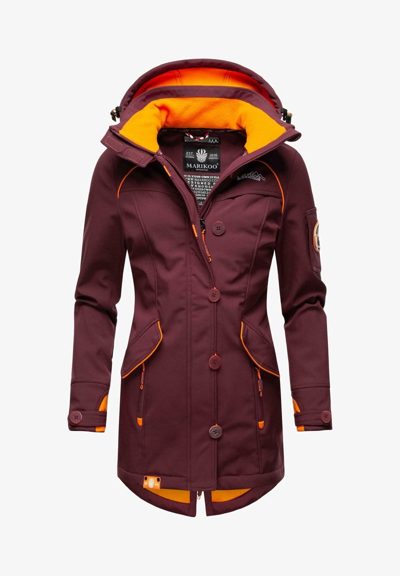 Maroon jacket with an orange fleece lining, featuring a zippered front, two large pockets, and button accents for adjustable fit.