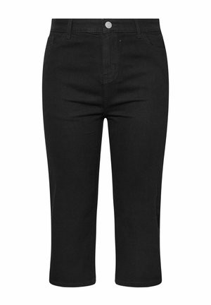 Black denim capri pants, mid-rise waist, five-pocket design, stitched detailing, and a silver-tone button closure at the front.