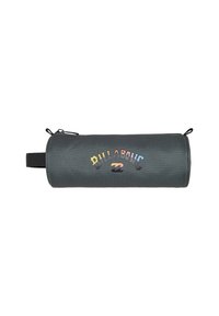 Gray cylindrical pencil case made of durable fabric, featuring multicolored text and a zip closure, with a black textured grip handle.