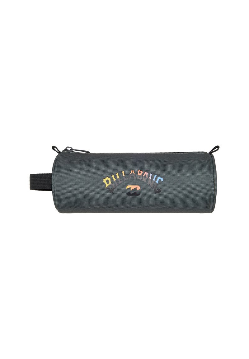 Gray cylindrical pencil case made of durable fabric, featuring multicolored text and a zip closure, with a black textured grip handle.