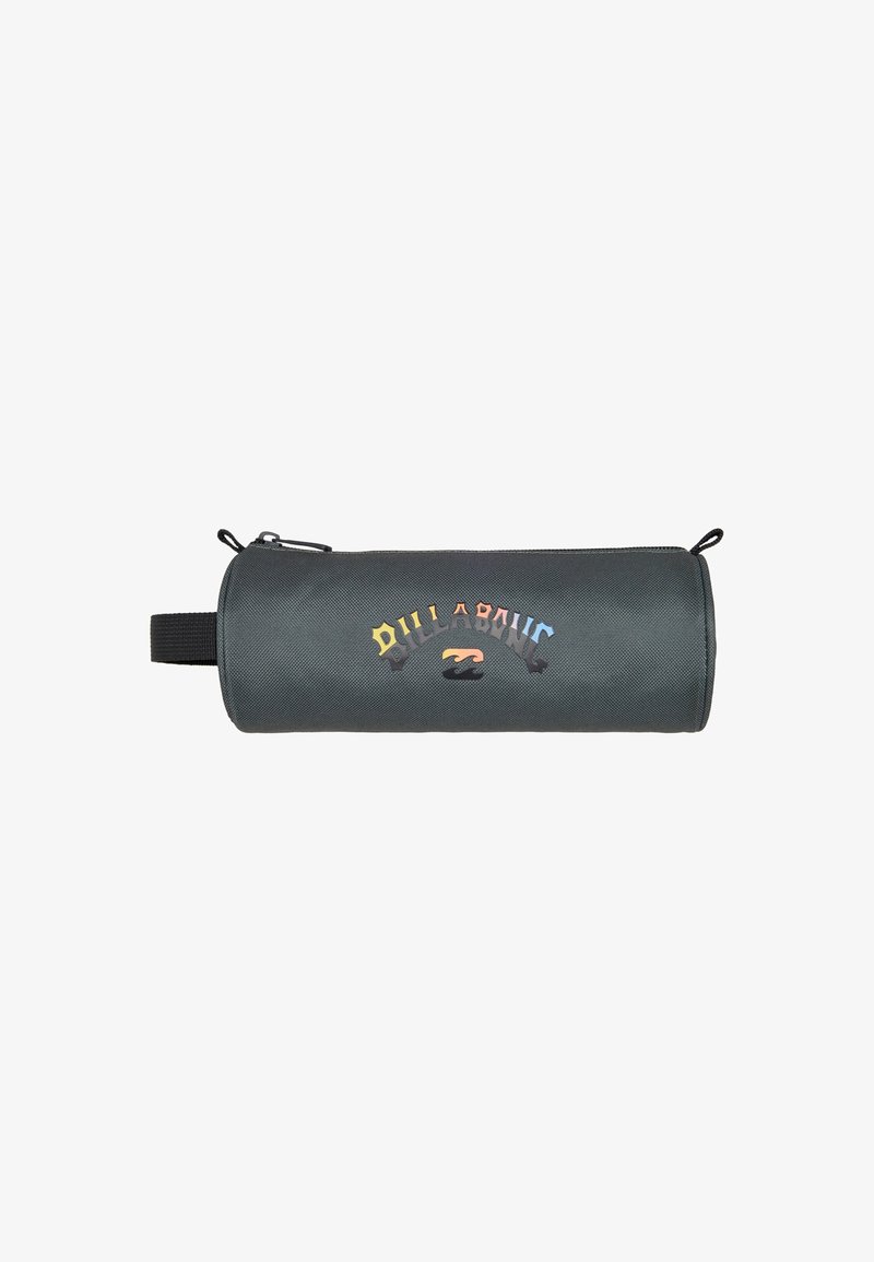 Gray cylindrical pencil case made of durable fabric, featuring multicolored text and a zip closure, with a black textured grip handle.