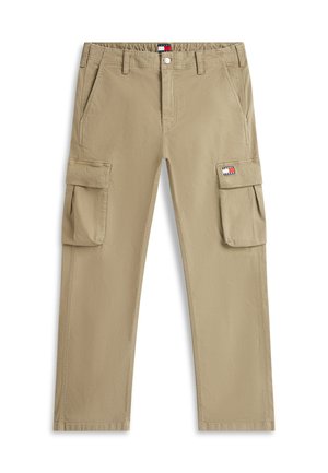Beige cargo pants with front pockets, belt loops, button closure, and a small Tommy Jeans logo patch on the right cargo pocket.