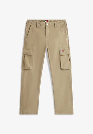 Beige cargobroek met voorzakken, lussen voor een riem, knoopsluiting en een klein Tommy Jeans-logo op de rechter cargozak.