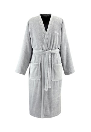 Peignoir en éponge gris clair à manches longues, deux poches avant, ceinture à la taille, avec "BOSS" brodé sur la poitrine.