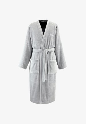 Accappatoio in spugna grigio chiaro con maniche lunghe, due tasche frontali, cintura in vita e "BOSS" ricamato sul petto.