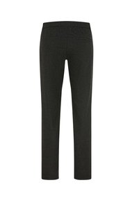 Donkergrijze broek met een gladde stofstructuur, rechte snit en een elastische tailleband. Voorzien van achterzakken voor extra functionaliteit.