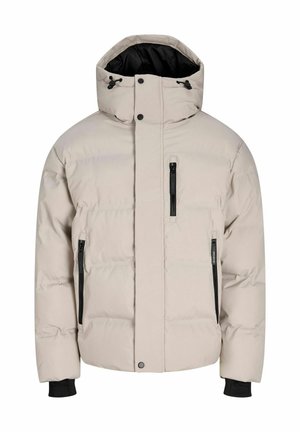 Veste d'hiver matelassée beige clair avec capuche, trois poches zippées noires visibles, boutons-pression sur le devant et poignets intérieurs noirs.