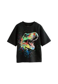 Schwarzes T-Shirt mit einem bunten Dinosaurier-Graphic und Spritzdetails. Kurzarm und Rundhalsdesign aus Baumwollstoff.