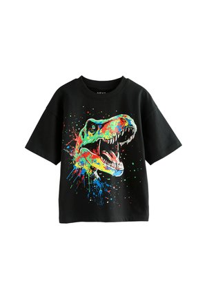 Črna majica s kratkimi rokavi, ki prikazuje pisan dinozaver z barvnimi kapljicami. Ima okroglo ovratnico in je izdelana iz bombažne tkanine.