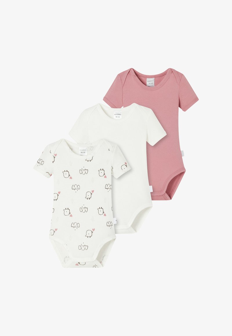 Drie babyrompers: één witte met een cartoonprint, één plain witte en één roze, allemaal van zachte katoen met korte mouwen en drukknoopsluitingen.