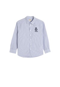 Camisa de botones de manga larga a rayas azul y blanca con un emblema bordado en el pecho y un cuello clásico. Tejido de algodón, corte relajado.