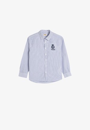 Blauw-witte gestreepte overhemd met lange mouwen en knopen, voorzien van een geborduurd embleem op de borst en een klassieke kraag. Katoenen stof, losse pasvorm.