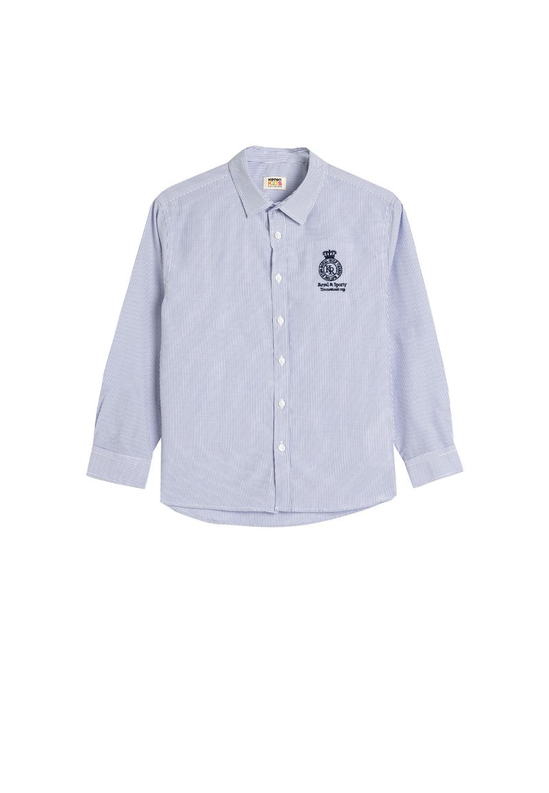 Camisa de botones de manga larga a rayas azul y blanca con un emblema bordado en el pecho y un cuello clásico. Tejido de algodón, corte relajado.