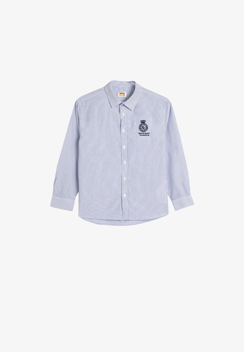 Blauw-witte gestreepte overhemd met lange mouwen en knopen, voorzien van een geborduurd embleem op de borst en een klassieke kraag. Katoenen stof, losse pasvorm.