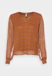 Braune, transparente Bluse mit langen Ärmeln, V-Ausschnitt und gerafften Manschetten. Hat kleine pinkfarbene Blumenmuster überall. Leicht und locker geschnitten.