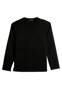 Schwarzes Langarmshirt aus strukturiertem Stoff. Verfügt über einen Rundhalsausschnitt und einen geraden Saum mit gerippten Bündchen. Einfaches Design ohne Muster.