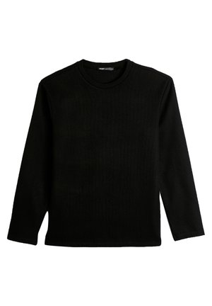 Sort langærmet skjorte lavet af struktureret stof. Har en rund halsudskæring og lige kant med ribbede manchetter. Enkelt design uden mønstre.