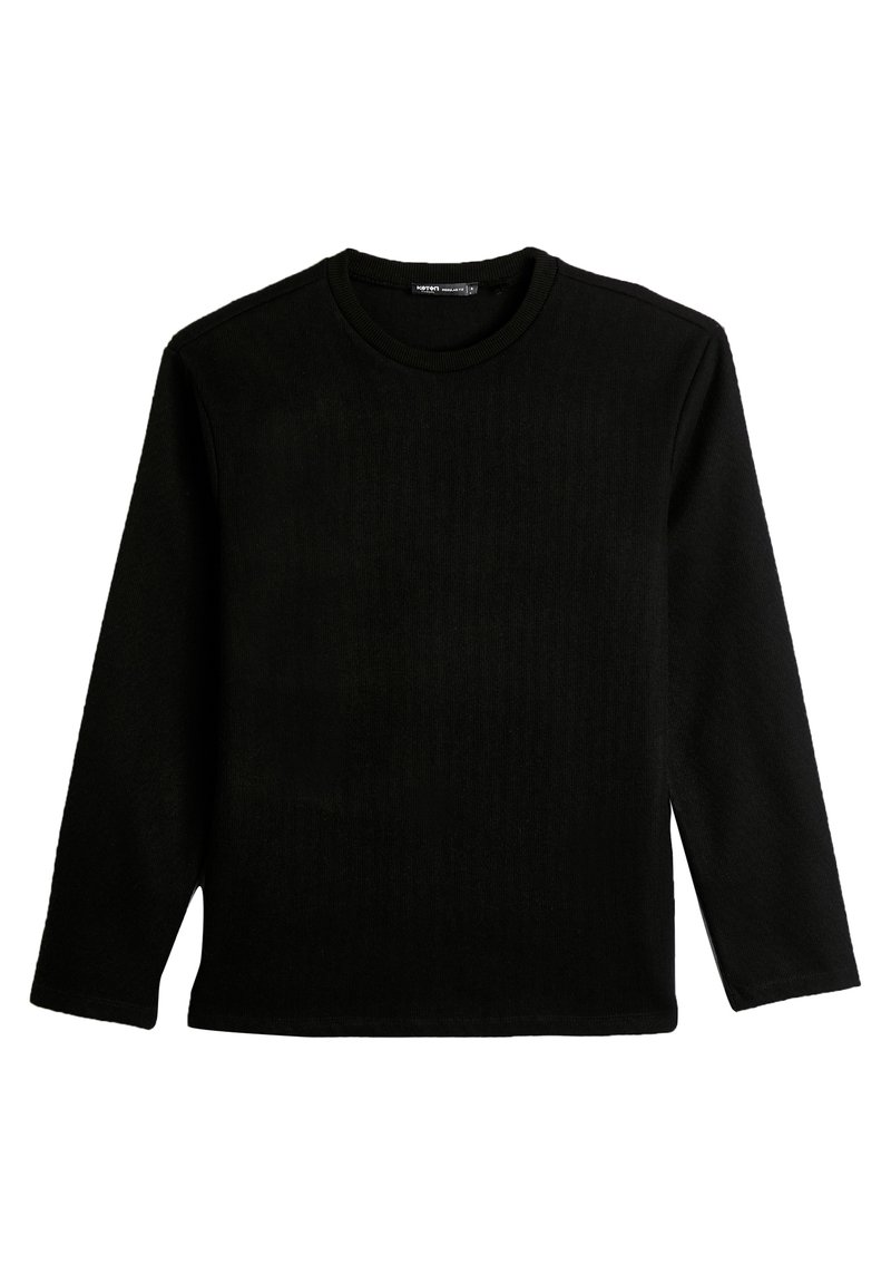 Schwarzes Langarmshirt aus strukturiertem Stoff. Verfügt über einen Rundhalsausschnitt und einen geraden Saum mit gerippten Bündchen. Einfaches Design ohne Muster.
