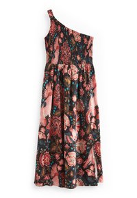 Robe florale à une épaule en tissu sombre ; corsage smocké avec des motifs vibrants de rose, rouge et turquoise ; jupe fluide avec un détail de fente sur le côté.