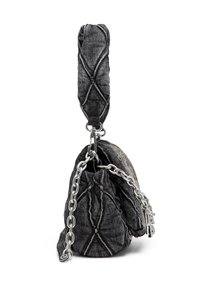 Quilted denim handbag in black with a twisted handle and silver chain accents. Features a cinched shape and textured surface.
