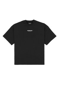 Black cotton t-shirt featuring short sleeves and a crew neck. Displays a white "WRSTBHVRSTUDIO" logo across the chest. Simple design.