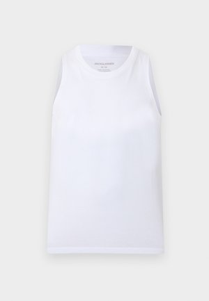 Weißes ärmelloses Tanktop mit Rundhalsausschnitt, glattes Material, mittlere Größe, flach auf hellem Hintergrund liegend.