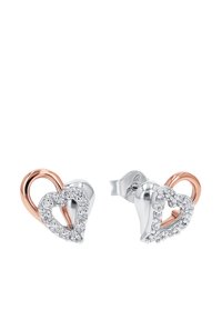 Hjärtformade örhängen med en polerad silverfinish, roséguld accenter och glittrande klara stenar som omger formen. Säkert baksidan.