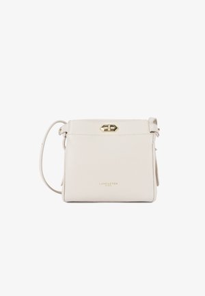 Off-white leather crossbody bag with gold twist lock clasp and adjustable shoulder strap, Lancaster Paris logo in gold lettering.