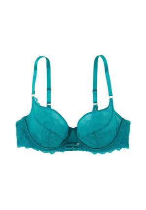 Reggiseno in pizzo teal con coppe preformate, spalline regolabili e motivo floreale. Presenta una chiusura a due ganci e un bordo in pizzo con motivo a onde lungo i lati.