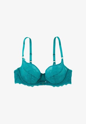Reggiseno in pizzo teal con coppe preformate, spalline regolabili e motivo floreale. Presenta una chiusura a due ganci e un bordo in pizzo con motivo a onde lungo i lati.
