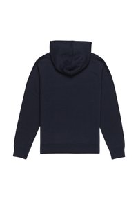 Marineblauwe hoodie met ribgebreide manchetten en zoom, met een trekkoord bij de capuchon. Gemaakt van zachte stof, eenvoudig en onversierd ontwerp.