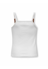 Canottiera bianca a righe con spalline sottili, caratterizzata da decorazioni in perline di legno sulle spalle. Design semplice e forma aderente.