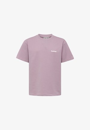 Einfarbiges hellviolettes Kurzarm-T-Shirt mit Rundhalsausschnitt und kleinem weißen "hummel"-Logo auf der linken Brust.
